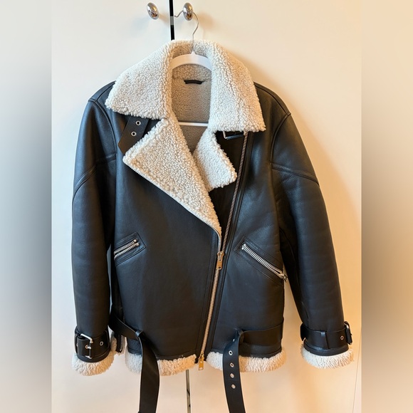 AllSaints Black Leather Shearling-Trim Biker Jacket - Picture 2 of 7